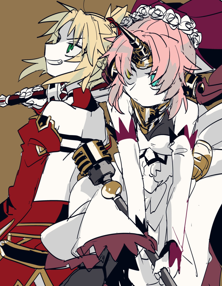 2girls aqua_eyes blonde_hair breasts brown_background cleavage closed_mouth detached_sleeves dress fate/apocrypha fate/grand_order fate_(series) frankenstein's_monster_(fate) green_eyes grin hair_ornament hair_scrunchie heterochromia highres holding holding_sword holding_weapon horns mechanical_horns mordred_(fate) mordred_(fate/apocrypha) multiple_girls over_shoulder pink_hair ponytail scrunchie see-through see-through_cleavage simple_background single_horn smile sword uotsu_(sabakou) veil weapon weapon_over_shoulder yellow_eyes