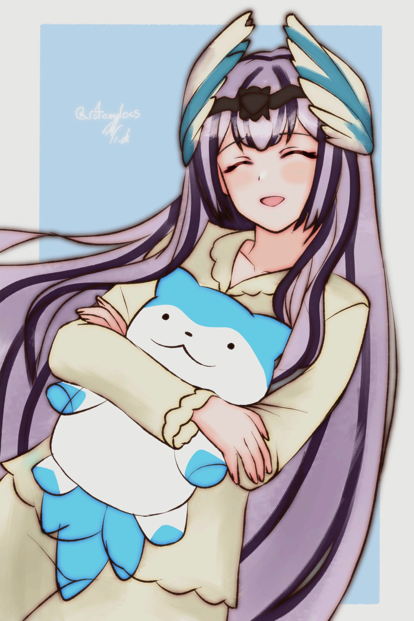 1girl animal black_hair blush closed_eyes crossed_arms feather_hair_ornament feathered_wings feathers fire_emblem fire_emblem_engage hair_ornament highres long_hair multicolored_hair open_mouth pajamas pet petite rotomdocs simple_background sketch sleeping smile sommie_(fire_emblem) two-tone_hair very_long_hair veyle_(fire_emblem) white_hair wings