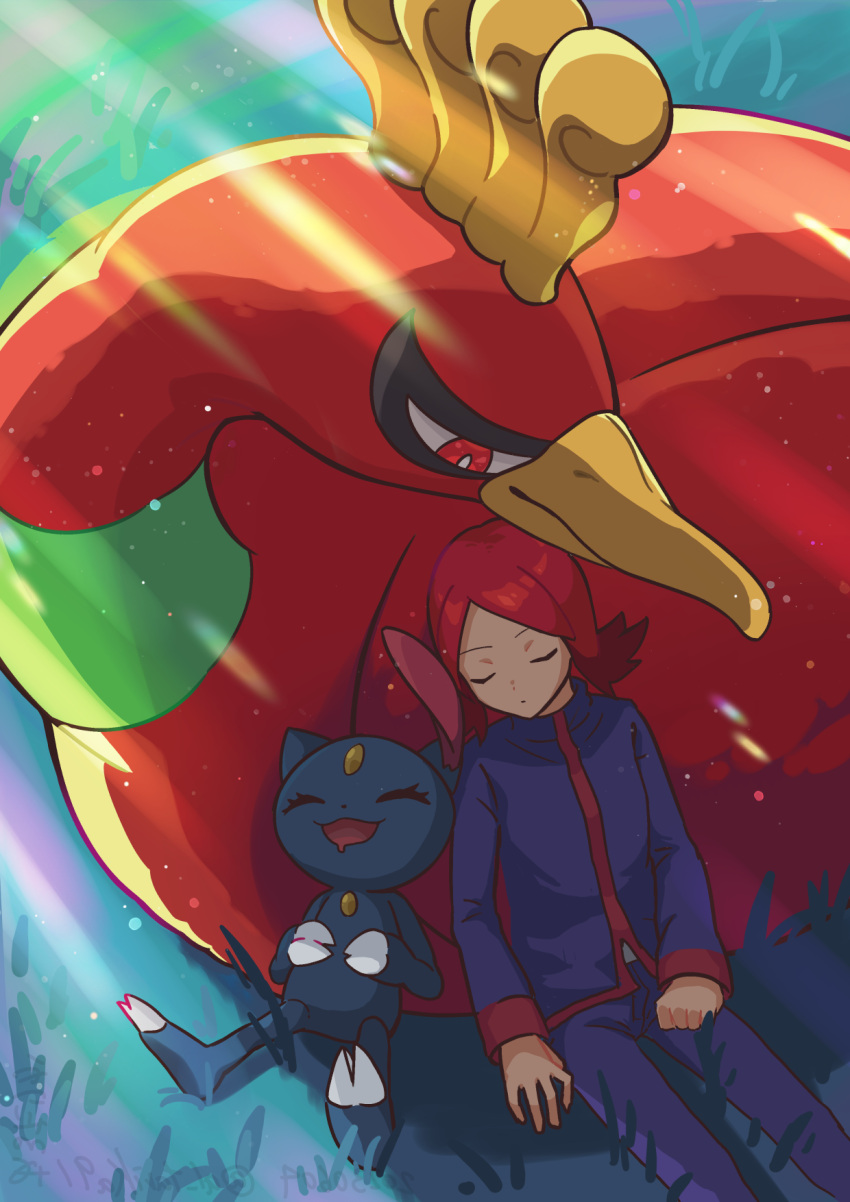 1boy arutarika_(ri_kaoekaki) bird clenched_hand closed_eyes closed_mouth commentary_request day from_above grass highres ho-oh jacket long_hair long_sleeves male_focus outdoors pants pokemon pokemon_(creature) pokemon_(game) pokemon_hgss red_hair silver_(pokemon) sneasel