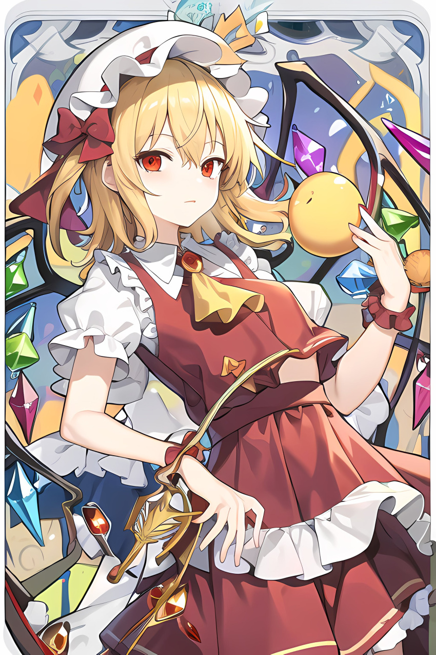 1girl absurdres ascot blonde_hair crystal embodiment_of_scarlet_devil flandre_scarlet hat hat_ribbon highres holding looking_at_viewer mob_cap puffy_short_sleeves puffy_sleeves red_eyes red_skirt red_vest ribbon short_sleeves side_ponytail skirt solo standing touhou vest wings yellow_ascot