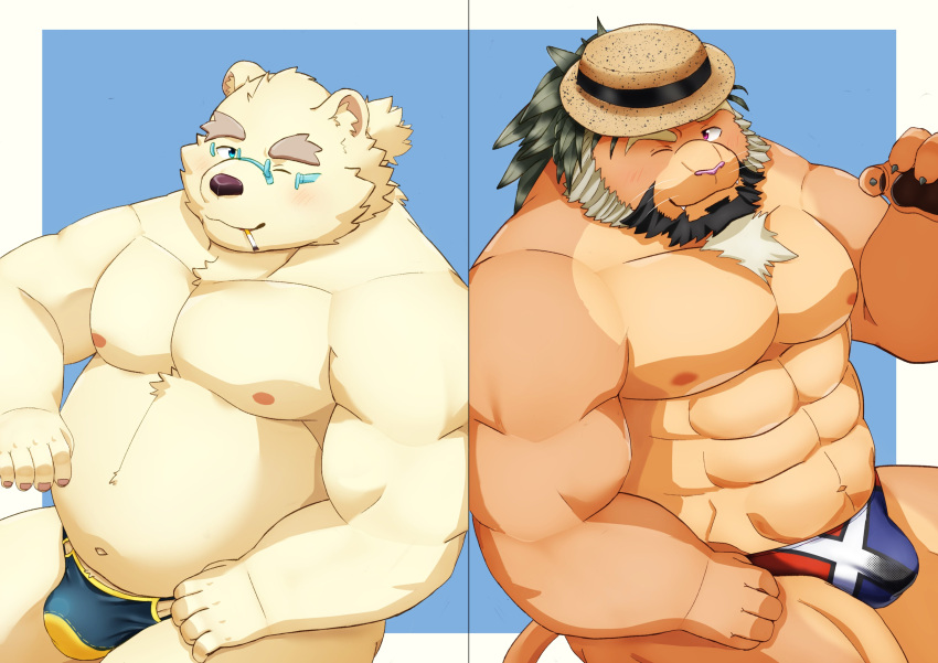 abs absurd_res anthro arsalan bear belly brown_body brown_fur bulge cigarette clothing duo eyewear felid fur glasses hat headgear headwear hi_res leib_(tas) lifewonders lion male mammal mature_male musclegut muscular muscular_anthro muscular_male nipples one_eye_closed pantherine pecs polar_bear ruoain smoking speedo swimwear tokyo_afterschool_summoners ursine white_body white_fur wink