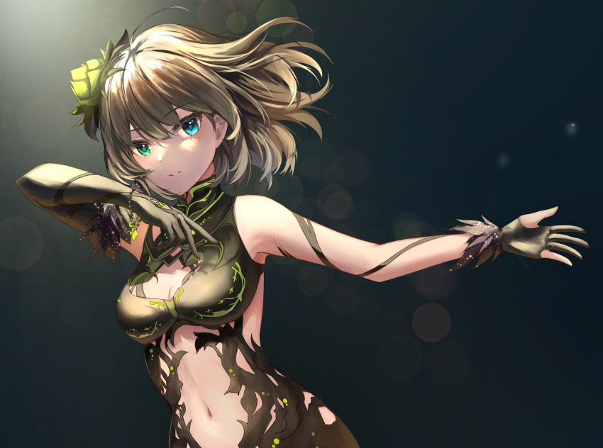 1girl asymmetrical_gloves bare_shoulders black_leotard blue_eyes bracelet breasts cleavage dot_nose elbow_gloves flower gloves gradient_background green_eyes grey_background hair_flower hair_ornament heterochromia highres idolmaster idolmaster_cinderella_girls idolmaster_cinderella_girls_starlight_stage jewelry leotard looking_at_viewer medium_breasts mole mole_under_eye navel nyome991 open_mouth outstretched_arm partially_fingerless_gloves short_hair simple_background smile solo spotlight standing takagaki_kaede