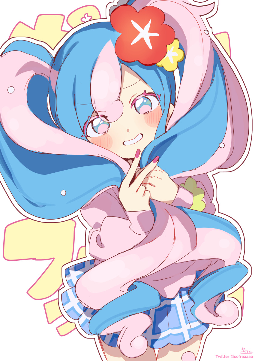 1girl absurdres blue_eyes blue_hair blue_skirt blush fairy_miku_(project_voltage) flower hair_flower hair_ornament hands_up hatsune_miku highres holding_own_hair long_sleeves looking_at_viewer multicolored_hair nail_polish outline pink_eyes pink_hair pink_shirt pleated_skirt pokemon project_voltage puffy_long_sleeves puffy_sleeves purple_nails red_flower shirt signature simple_background skirt sleeves_past_wrists smile sofra solo text_background thigh_gap twintails twitter_username two-tone_hair v v-shaped_eyebrows vocaloid white_background white_outline yellow_flower