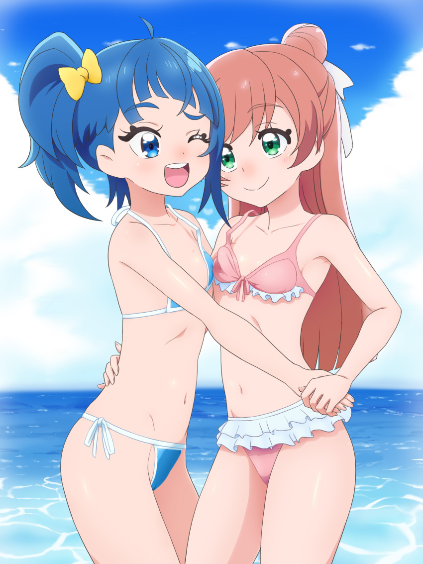 2girls ;d absurdres bare_arms bare_shoulders bikini blue_bikini blue_eyes blue_hair blue_sky blush bow breast_press brown_hair closed_mouth cloud cloudy_sky collarbone commentary_request day frilled_bikini frills green_eyes groin hair_bow hair_bun highres hirogaru_sky!_precure horizon long_hair mameshiba_(pixiv_59310) multiple_girls navel nijigaoka_mashiro ocean one_eye_closed outdoors pink_bikini precure side-tie_bikini_bottom sky smile sora_harewataru swimsuit symmetrical_docking very_long_hair water white_bow