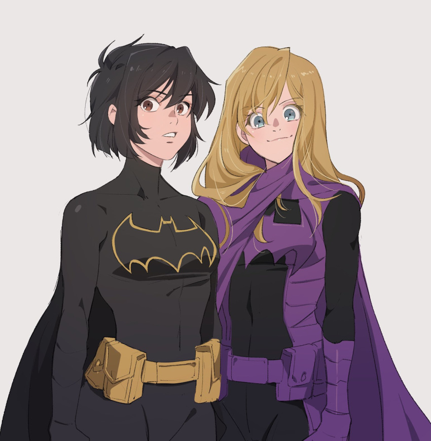 2girls animal_print bat_print batgirl batman_(series) belt black_bodysuit black_collar black_hair blonde_hair bodysuit breasts brown_eyes cape cassandra_cain collar dc_comics gloves green_eyes highres hokkemaruyaki logo long_hair long_sleeves looking_at_viewer medium_breasts multiple_girls open_mouth purple_belt purple_cape purple_gloves short_hair simple_background smile stephanie_brown superhero teeth upper_body utility_belt white_background yellow_belt