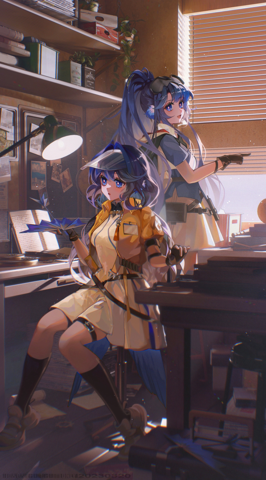 2girls :d absurdres alternate_costume animal_ear_fluff arknights astesia_(arknights) astesia_(fantastic_crafts)_(arknights) astgenne_(arknights) bar_stool black_cape black_gloves black_socks blind blue_eyes blue_hair blue_shirt book book_stack bright_pupils cape chinese_commentary commentary_request dated desk_lamp diamond-shaped_pupils diamond_(shape) dress fingerless_gloves full_body gloves goggles goggles_on_head hair_between_eyes highres holding jacket kneehighs lamp long_hair looking_at_another looking_at_object multiple_girls open_book open_clothes open_jacket orange_footwear paper_airplane parted_lips photo_(object) plant ponytail potted_plant shelf shirt shoes short_sleeves siblings sidelocks sisters skirt smile socks stool suitcase symbol-shaped_pupils table very_long_hair white_dress white_pupils white_skirt window wooden_floor xianyu_guguzi yellow_jacket