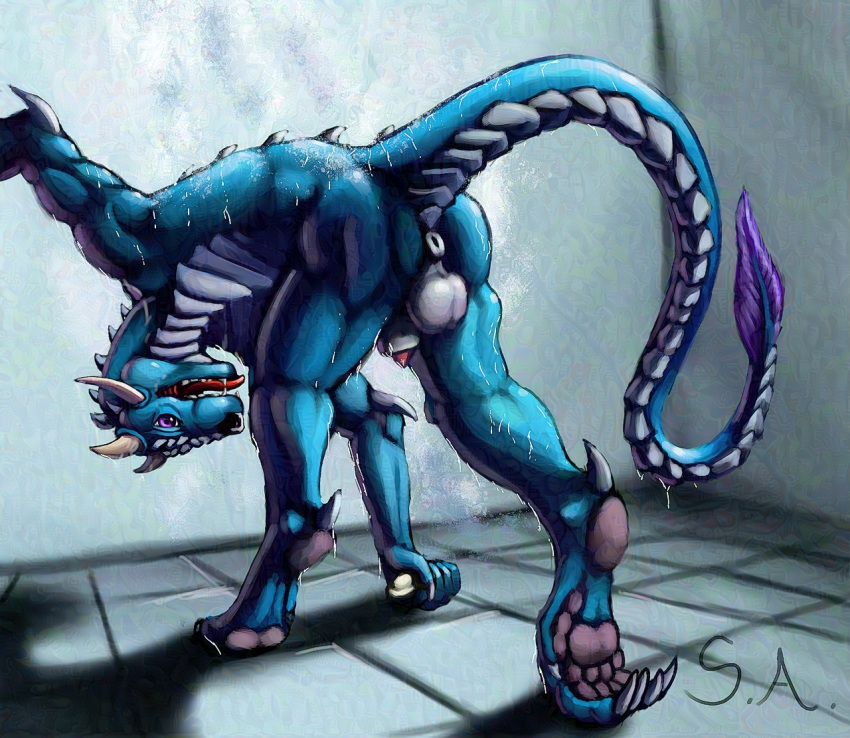 animal_genitalia anthro anus balls balls_blush belly_scales bent_over blue_body blush body_blush butt claws dewclaw digitigrade don't_drop_the_soap dragon feet genitals horn looking_at_viewer looking_back male muscular pawpads penis presenting presenting_hindquarters purple_eyes raised_tail scales scalie sheath shower solo superagro tail tongue wet
