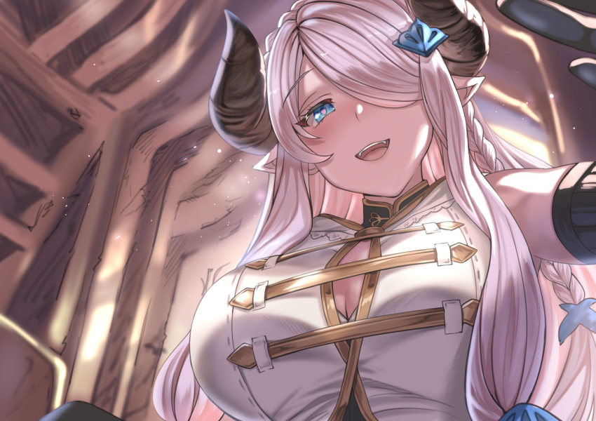 1girl :d aldehyde blue_eyes blush braid breasts cleavage draph fang granblue_fantasy hair_ornament horns huge_breasts indoors long_bangs long_hair looking_at_viewer narmaya_(granblue_fantasy) one_eye_covered parted_bangs smile solo teeth upper_teeth_only vest white_vest