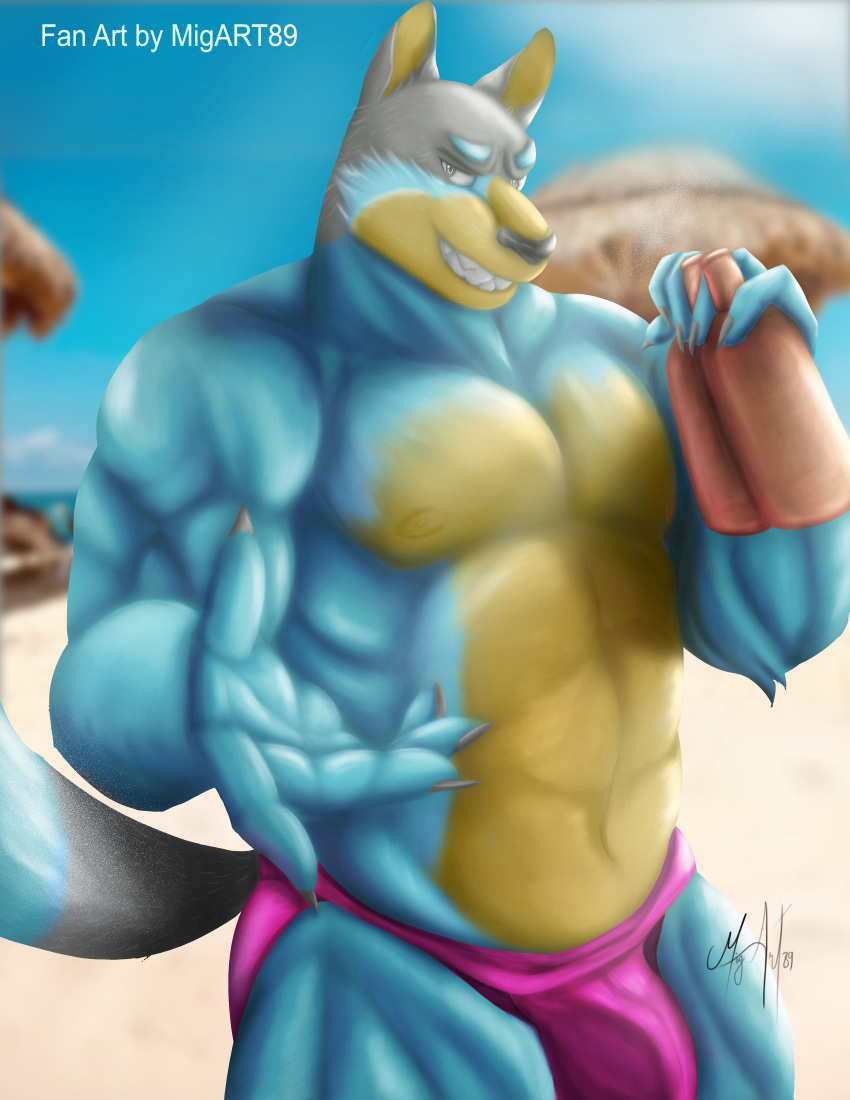 absurd_res anthro bandit_heeler beach beers big_hand bluey_(series) canid canine clothing funtime hi_res humanoid male male/male mammal migart89 muscular muscular_anthro muscular_male seaside swimwear vacation