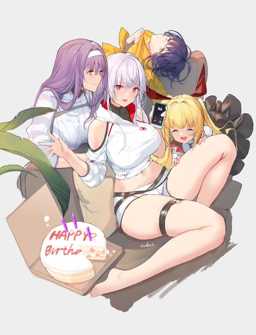 4girls aeri_(closers) artist_name barefoot birthday_cake black_hair blonde_hair blue_eyes cake cellphone character_request closed_eyes closers clothing_cutout commentary cropped_hoodie food hairband happy_birthday highres holding holding_phone hood hoodie long_hair looking_at_viewer multiple_girls navel o-ring o-ring_thigh_strap open_mouth phone purple_hair red_eyes short_shorts shorts shoulder_cutout simple_background sitting smartphone swd3e2 symbol-only_commentary thigh_strap tina_(closers) white_background white_hair white_hairband white_hoodie white_shorts