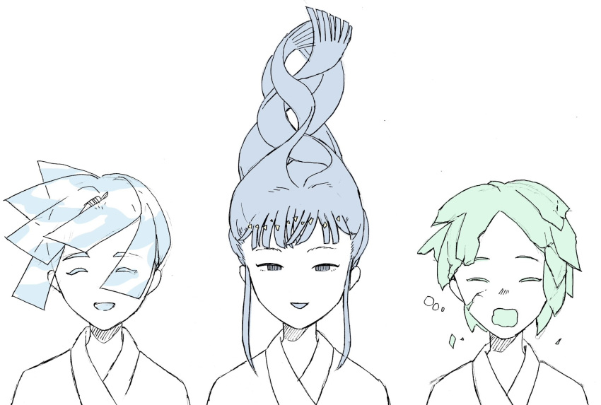 3others ^_^ androgynous aqua_hair blue_hair closed_eyes crack cracked_skin crystal_hair detached_hair euclase_(houseki_no_kuni) eyes_visible_through_hair facing_viewer flat_color floating_hair green_hair hair_over_one_eye half-closed_eyes highres houseki_no_kuni lapis_lazuli_(houseki_no_kuni) lineup long_hair looking_at_viewer messy_hair mt5_014 multiple_others other_focus partially_colored phosphophyllite portrait shards short_hair side-by-side sidelocks simple_background sketch sleepwear sleepy updo waking_up white_background yawning