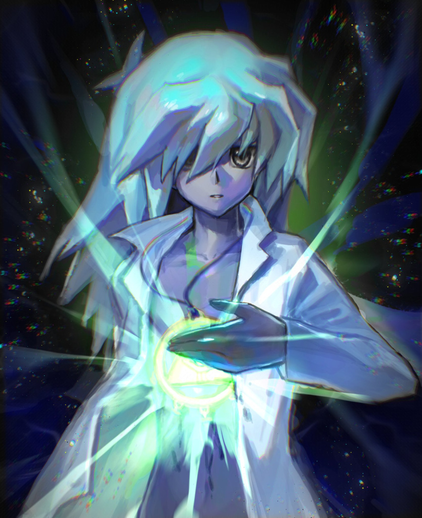 1boy bakura_ryou black_background chromatic_aberration commentary_request expressionless glowing_jewelry grey_eyes hair_between_eyes hair_over_one_eye highres jewelry long_bangs long_hair long_sleeves looking_at_viewer male_focus millennium_ring necklace open_clothes open_shirt parted_lips rainbow saltedfishxuan shirt solo upper_body white_hair white_shirt yu-gi-oh! yu-gi-oh!_duel_monsters