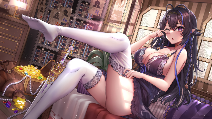 1girl absurdres antenna_hair bare_arms bare_shoulders black_hair blue_eyes blue_hair blush breasts cleavage coin feet gu_li highres indie_virtual_youtuber indoors large_breasts legs long_hair looking_at_viewer multicolored_hair one_eye_closed parted_lips pointy_ears sitting solo streaked_hair thighhighs thighs treasure treasure_chest virtual_youtuber white_thighhighs