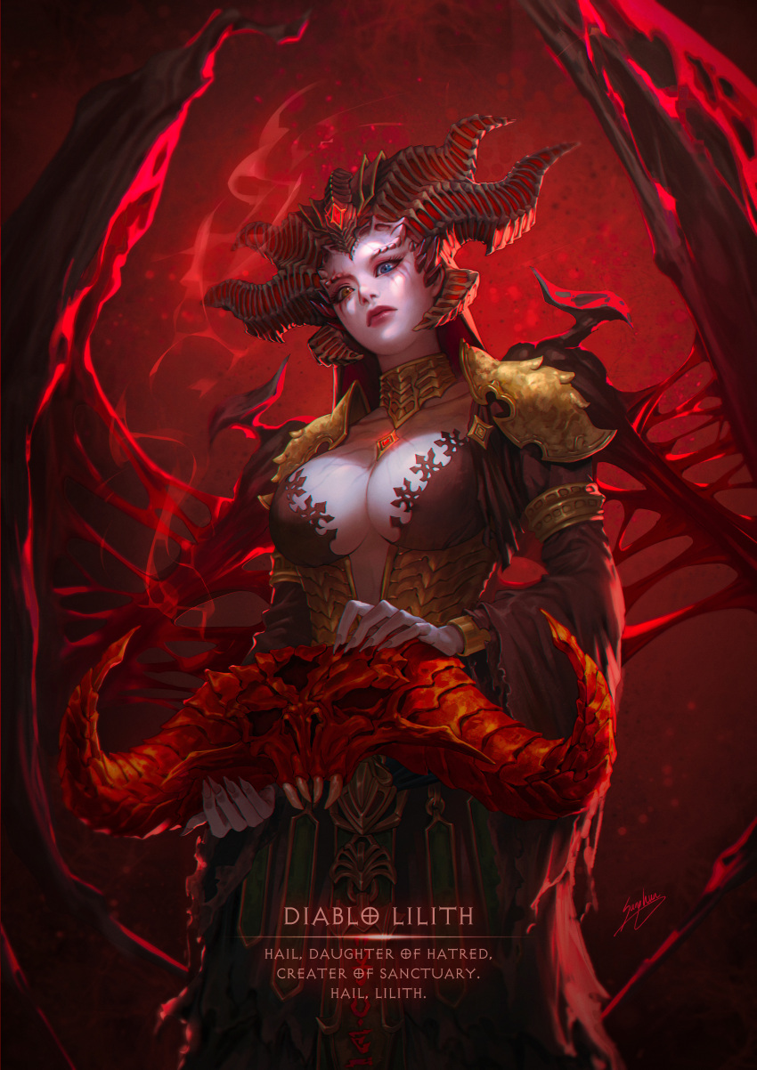 1girl absurdres breasts cleavage cleavage_cutout clothing_cutout demon demon_girl demon_horns demon_wings diablo highres honey_brush horns huge_horns lilith_(diablo) long_horns pendant_choker simple_background skull spiked_pauldrons wings