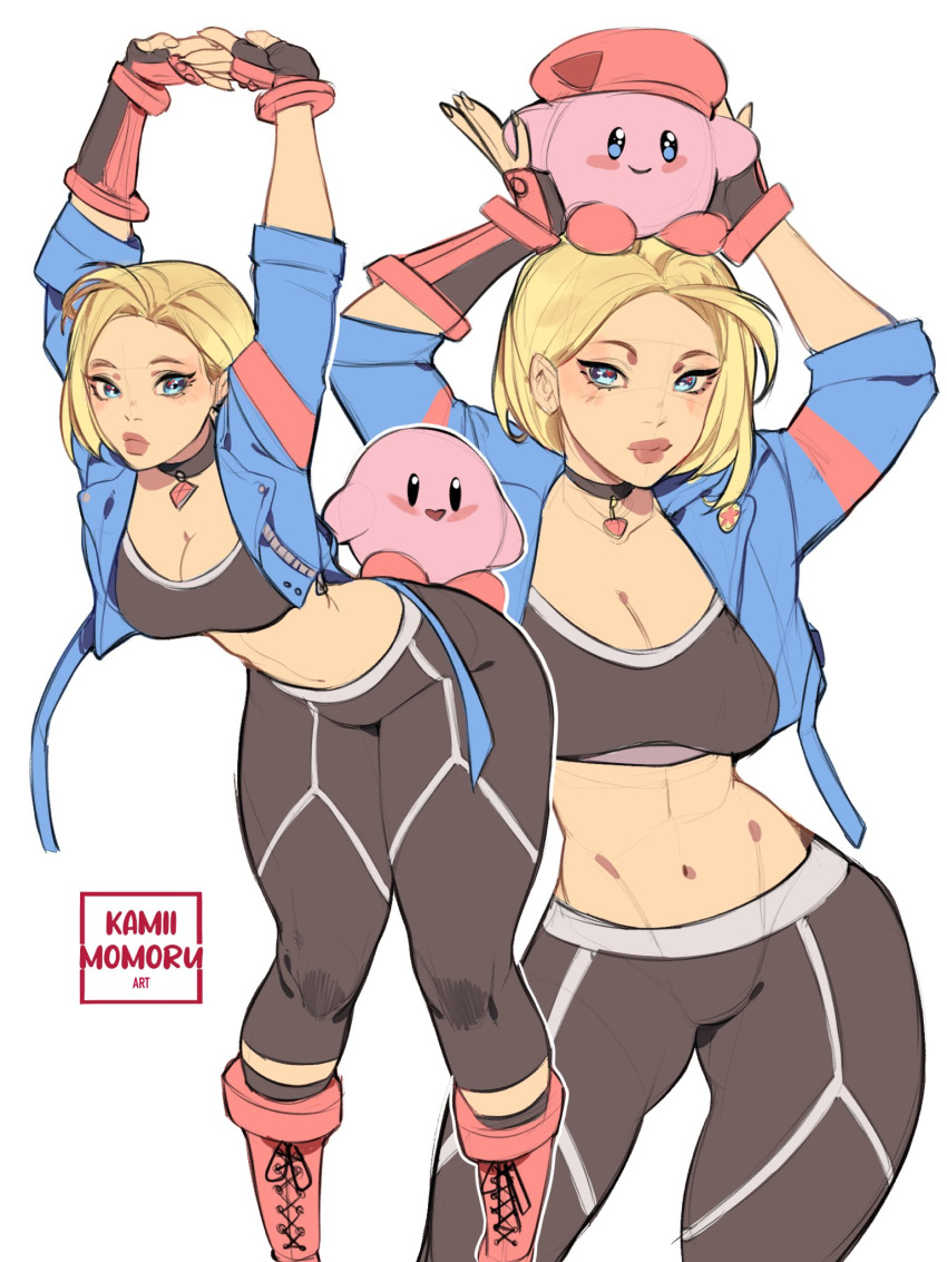 1girl 1other arched_back arms_up asymmetrical_gloves beret black_gloves black_socks black_sports_bra blonde_hair blue_eyes blue_jacket boots breasts cammy_stretch_(meme) cammy_white cleavage combat_boots commentary cropped_jacket crossover english_commentary eyeliner gloves hat highres jacket kamii_momoru kirby kirby_(series) lips makeup medium_breasts meme narrow_waist pants parted_hair pendant_choker red_footwear red_headwear short_hair single_vambrace sitting sitting_on_head sitting_on_person socks sports_bra street_fighter street_fighter_6 stretching thick_thighs thighs tight tight_pants toned vambraces wide_hips yoga_pants
