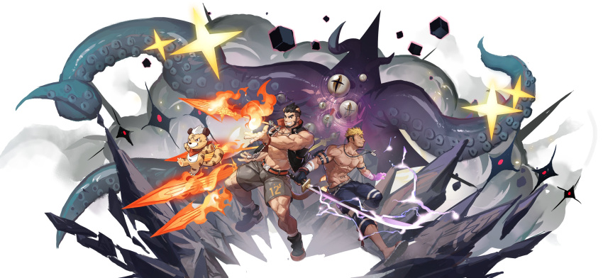 2boys abs absurdres alca_(wakatanka4) animal animal_ears bandaged_arm bandages bara battle beard black_hair blonde_hair bulge chest_hair commission creature dark-skinned_male dark_skin dog_tags facial_hair fighting_stance fire full_body grey_shorts grin gyee highres holding holding_sword holding_weapon jewelry lightning lion_boy lion_ears lion_tail long_sideburns male_focus mature_male multiple_boys muscular muscular_male navel navel_hair necklace nipples octopus original oversized_animal pectorals pyrokinesis red_eyes romg sandals selkiro short_hair shorts sideburns sleeveless sleeveless_jacket smile socks stomach sword tail thick_eyebrows thighs topless_male weapon