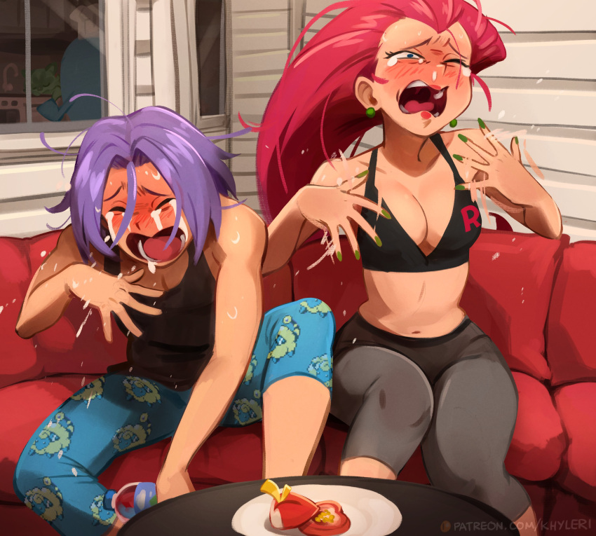 1boy 1girl absurdres bare_shoulders black_pants black_shirt blue_hair blue_pants blush bottle breasts cleavage couch green_eyes highres holding holding_bottle james_(pokemon) jessie_(pokemon) khyle. large_breasts long_hair lower_teeth_only mareep meme nail_polish navel one_eye_closed open_mouth pants plate pokemon pokemon_(creature) red_hair red_nails shirt sitting sleeveless sleeveless_shirt stomach table team_rocket tears teeth tongue window wobbuffet