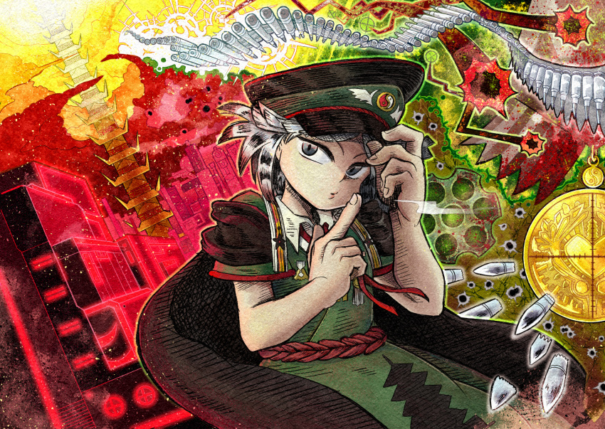 1other androgynous asymmetrical_bangs badge black_cape black_headwear blunt_bangs bullet bullet_hole cape chikafumikou cityscape cloud collared_shirt commentary_request dress finger_gun fingernails fujiwara_no_shirogane_no_sanra green_dress grey_eyes grey_hair hand_on_headwear hat highres len'en looking_at_viewer military_hat military_uniform necktie open_mouth pagoda parted_bangs partial_commentary red_background red_necktie red_sash sash shell_casing shirt short_sleeves shoulder_pads uniform upper_body white_shirt yellow_background