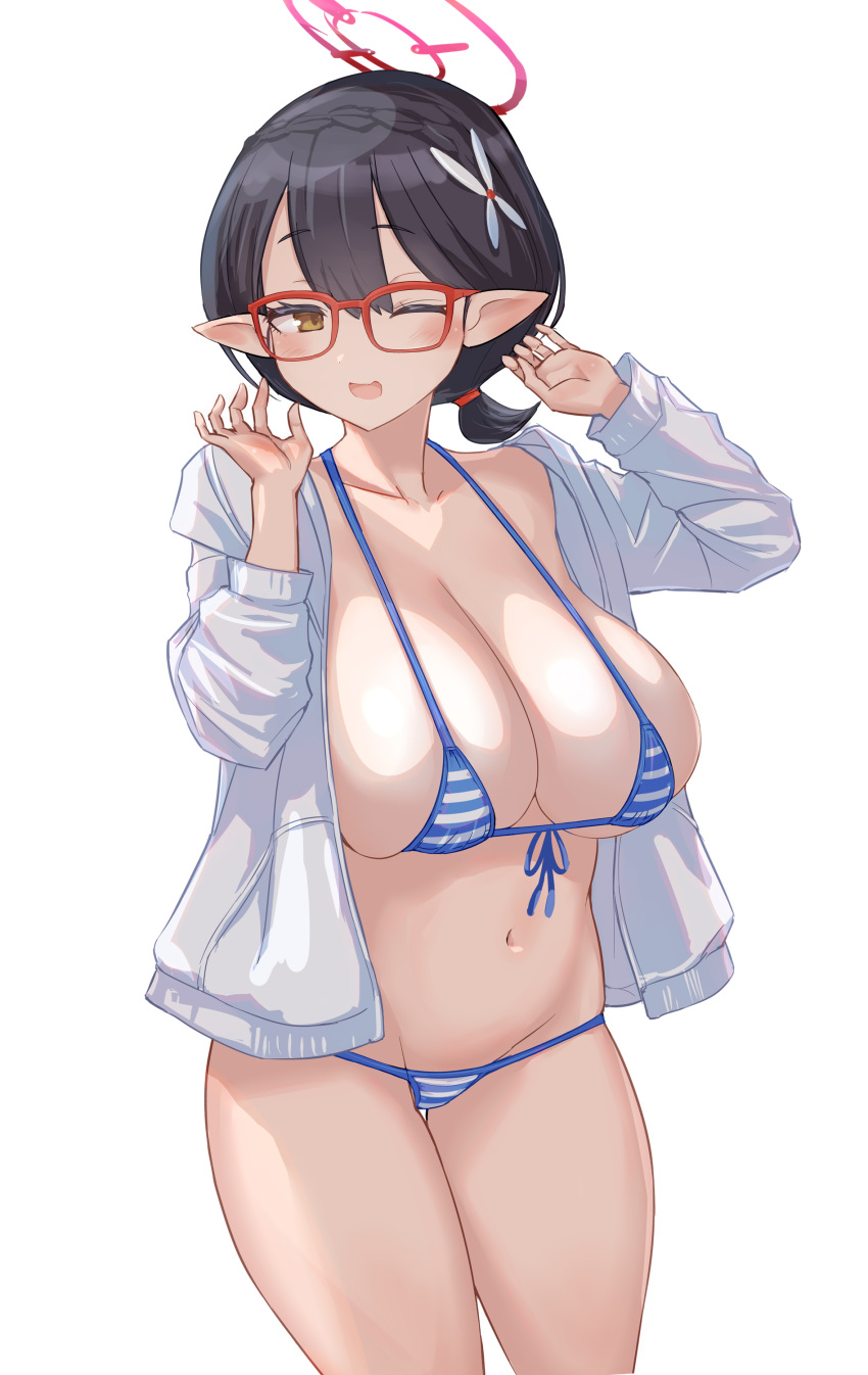 1girl ;d absurdres ayane_(blue_archive) bikini black_hair blue_archive breasts collarbone flower hair_flower hair_ornament halo highres huge_breasts jacket micro_bikini one_eye_closed open_clothes open_jacket open_mouth pointy_ears red-framed_eyewear red_halo serizawa_(knight2020) short_hair simple_background smile solo standing striped striped_bikini swimsuit thighs white_background white_flower white_jacket yellow_eyes