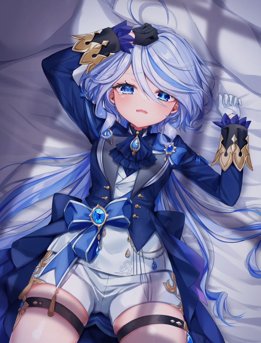 1girl absurdres ascot asymmetrical_gloves bed_sheet black_gloves blue_ascot blue_eyes blue_hair blue_jacket blush commentary_request cowlick drop-shaped_pupils furina_(genshin_impact) genshin_impact gloves hair_between_eyes hand_on_own_head heterochromia highres ineka_ka jacket light_blue_hair long_hair long_sleeves looking_at_viewer lying mismatched_gloves mismatched_pupils multicolored_hair on_back open_mouth short_shorts shorts solo tearing_up tears thigh_strap white_gloves white_shorts