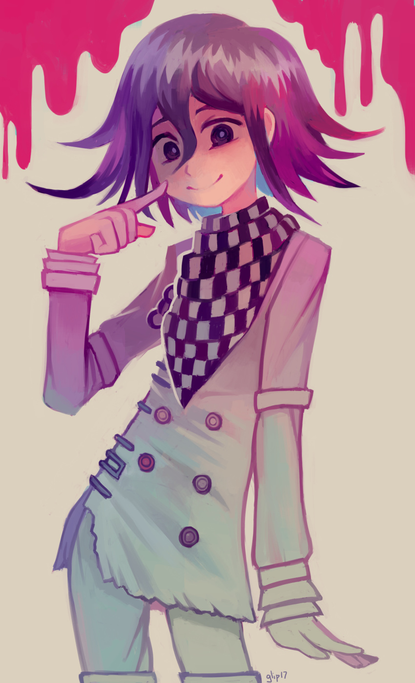 1boy absurdres blood buttons checkered_clothes checkered_scarf danganronpa_(series) danganronpa_v3:_killing_harmony glitchedpuppet hair_between_eyes highres jacket long_sleeves male_focus oma_kokichi pink_blood pointing pointing_at_self purple_eyes purple_hair scarf short_hair signature smile straitjacket white_jacket