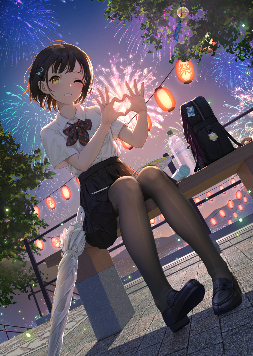 1girl absurdres aerial_fireworks bag black_hair black_pantyhose black_skirt blush bottle bow bowtie commentary_request fireworks full_body grin hair_ornament hairclip hand_fan heart heart_hands highres himitsu_(hi_mi_tsu_2) hina_saori_(himitsu) lantern loafers night one_eye_closed original outdoors pantyhose paper_fan school_uniform shirt shoes short_hair short_sleeves sitting skirt smile solo striped striped_bow striped_bowtie uchiwa umbrella white_shirt wind_chime yellow_eyes