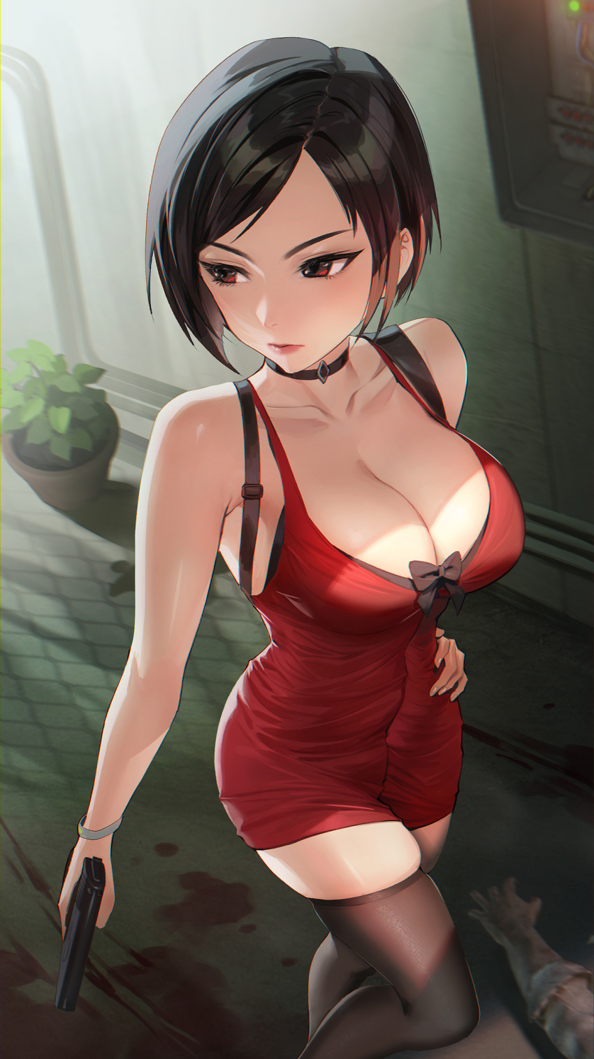 1girl ada_wong alternate_breast_size bare_shoulders black_choker black_hair black_thighhighs blood breasts choker cleavage collarbone commentary dress gun hand_on_own_hip handgun highres holding holding_gun holding_weapon large_breasts lips mhk_(mechamania) plant potted_plant red_dress red_eyes resident_evil resident_evil_4 resident_evil_4_(remake) short_hair solo thighhighs weapon zombie
