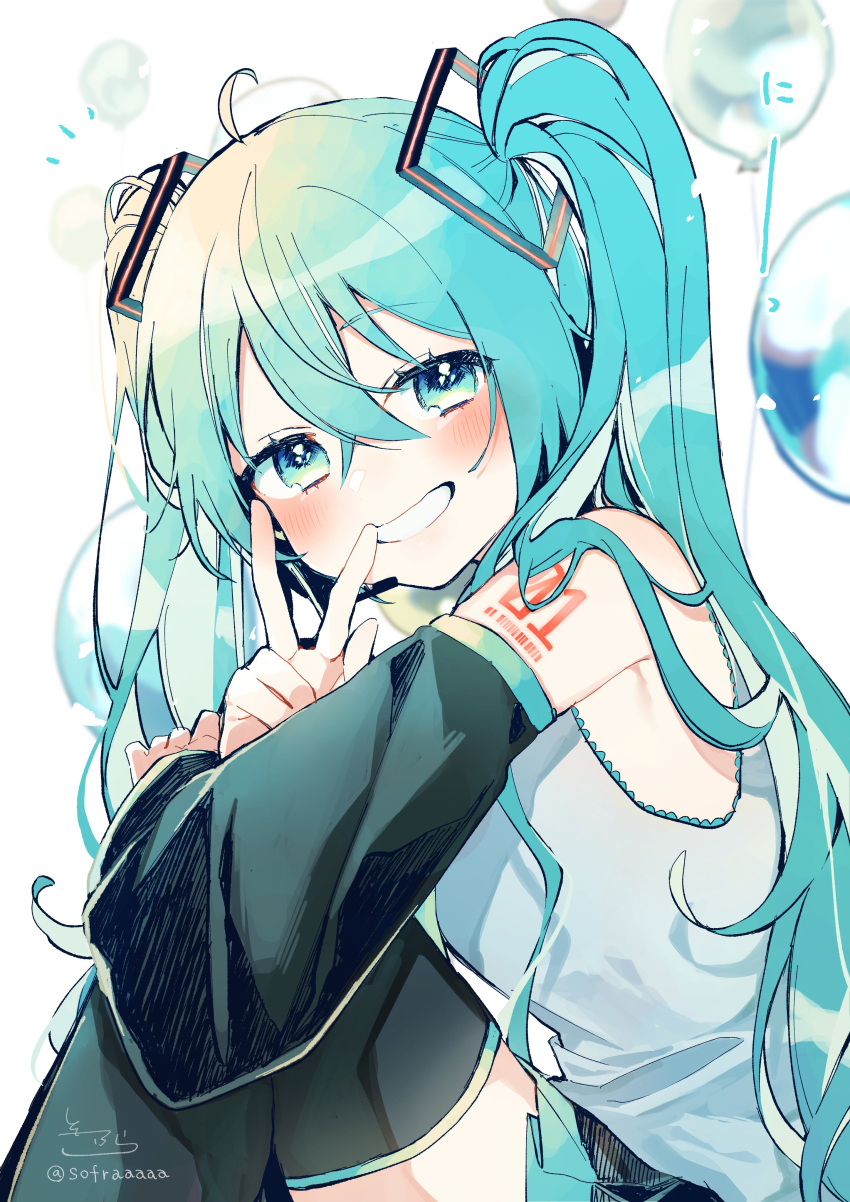 1girl absurdres ahoge balloon bare_shoulders black_skirt black_sleeves black_thighhighs blue_hair commentary_request detached_sleeves feet_out_of_frame from_side green_eyes grin hair_between_eyes hand_up hatsune_miku highres knees_up long_hair long_sleeves looking_at_viewer looking_to_the_side notice_lines pleated_skirt shirt signature simple_background sitting skirt sleeveless sleeveless_shirt smile sofra solo thighhighs twintails twitter_username v very_long_hair vocaloid white_background white_shirt wide_sleeves
