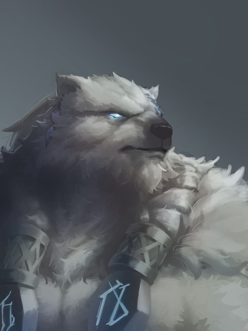 1boy animal_ears bear_boy bear_ears body_fur braid earrings furry furry_male glowing glowing_eyes gradient_background grey_background grey_fur grey_hair highres jewelry league_of_legends long_hair looking_to_the_side mujiao runes solo twin_braids upper_body volibear