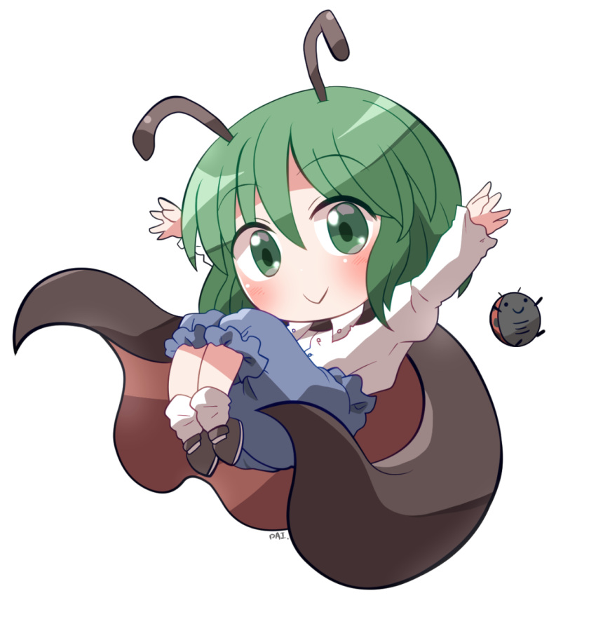 1girl animal antennae black_cape black_footwear blue_pants blush bug cape closed_mouth collared_shirt full_body green_eyes green_hair highres ladybug long_sleeves pants rokugou_daisuke shirt shoes short_hair signature simple_background smile socks solo touhou white_background white_shirt white_socks wriggle_nightbug