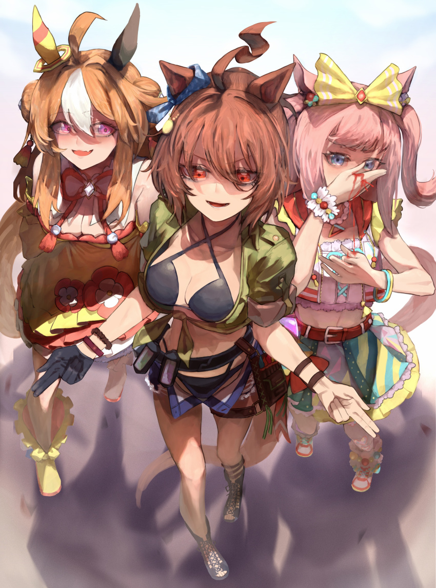 3girls absurdres agnes_digital_(umamusume) agnes_tachyon_(lunatic_lab)_(umamusume) agnes_tachyon_(umamusume) ahoge animal_ears ankle_boots bagua belt belt_pouch bikini black_belt black_bikini blood blue_shorts boots bow bowtie breasts brown_hair canister check_medium cleavage commentary copano_rickey_(umamusume) criss-cross_halter double_bun ear_covers ear_ornament fang from_above full_body green_jacket grey_eyes hair_between_eyes hair_bow hair_bun halterneck highres horse_ears horse_girl horse_tail jacket long_hair looking_at_viewer micro_shorts midriff multiple_girls nosebleed official_alternate_costume open_clothes open_mouth open_shorts painting_(medium) pink_hair pouch purple_eyes red_belt red_eyes shoes short_hair shorts sidelocks skin_fang skirt summer's_sunlight_fades_to_blue_(umamusume) swimsuit tail thigh_belt thigh_strap tied_jacket tonariuta traditional_media translation_request trigram two_side_up umamusume watercolor_(medium) white_hair yellow_bow yellow_skirt