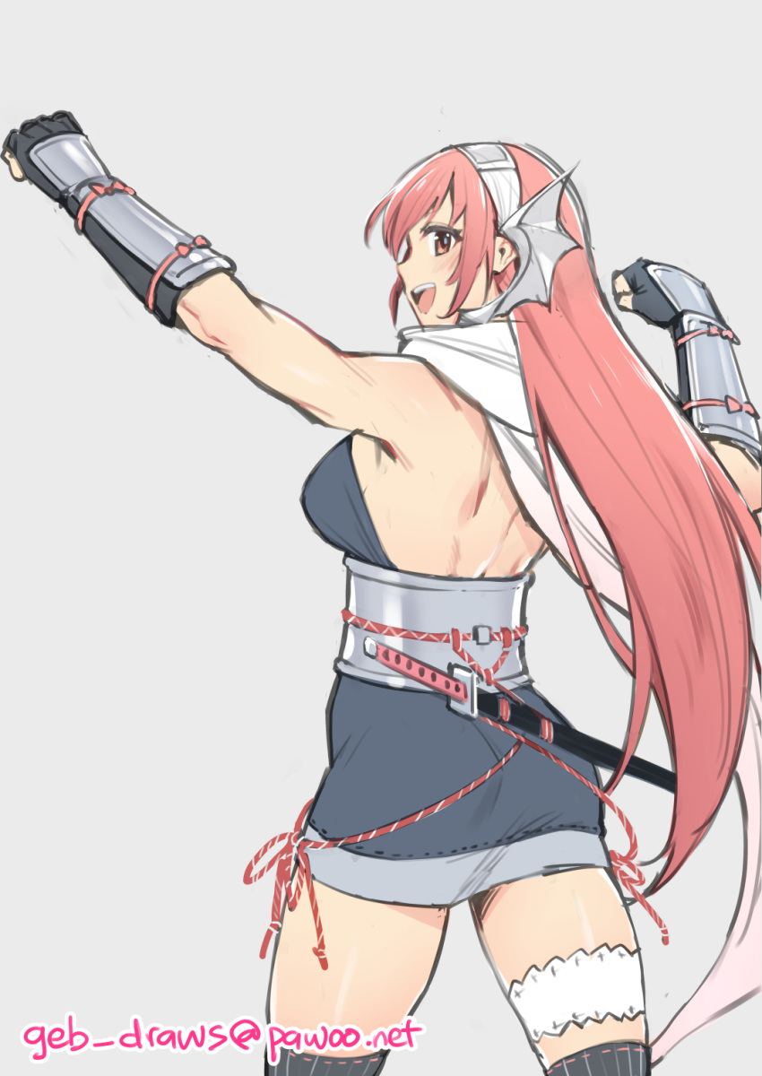 1girl armor back_turned cherche_(fire_emblem) cherche_(ninja)_(fire_emblem) facing_away fire_emblem fire_emblem_awakening fire_emblem_heroes ge-b highres japanese_armor katana looking_at_viewer looking_back ninja official_alternate_costume pink_hair sword thigh_strap weapon