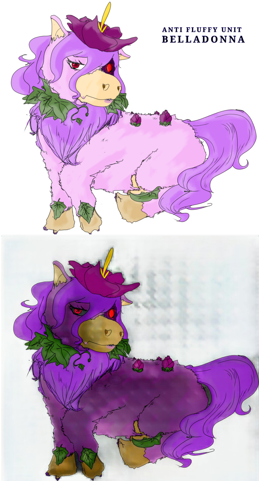 absurd_res cybernetics cyborg english_text female feral fluffy_pony fluffy_pony_(species) fur hair hi_res leaf machine mikahorsie purple_body purple_fur purple_hair red_eyes simple_background solo text white_background