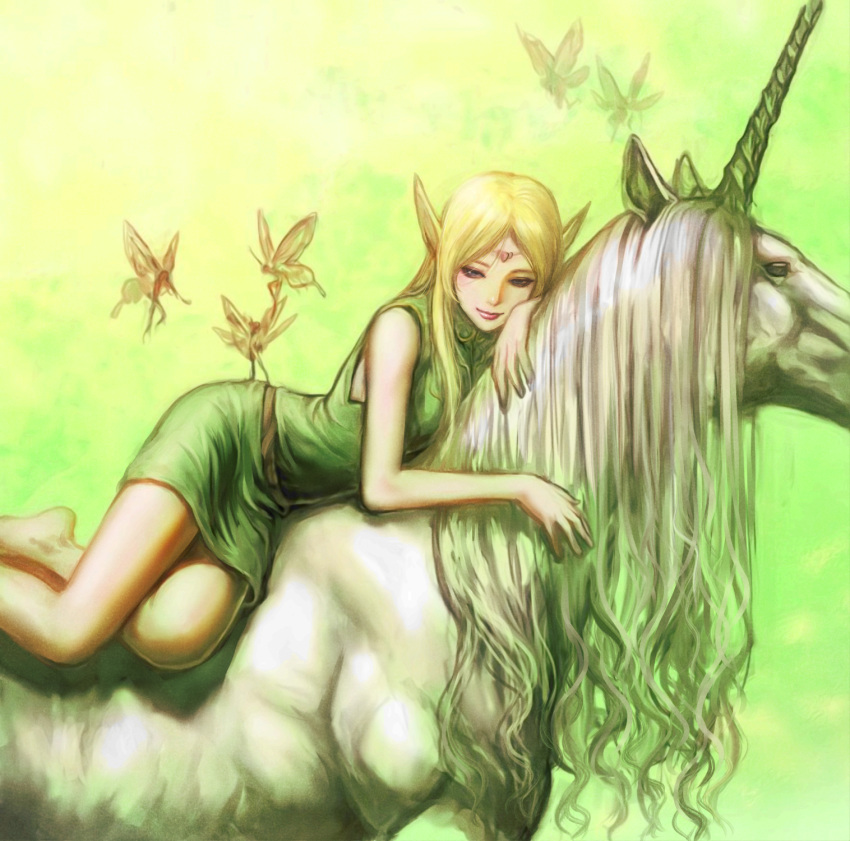 1girl barefoot blonde_hair butterfly_wings circlet deedlit dress elf fairy fairy_wings fujii_eishun highres horns horse horseback_riding light_smile long_hair looking_at_viewer pointy_ears record_of_lodoss_war riding simple_background single_horn smile solo unicorn wings
