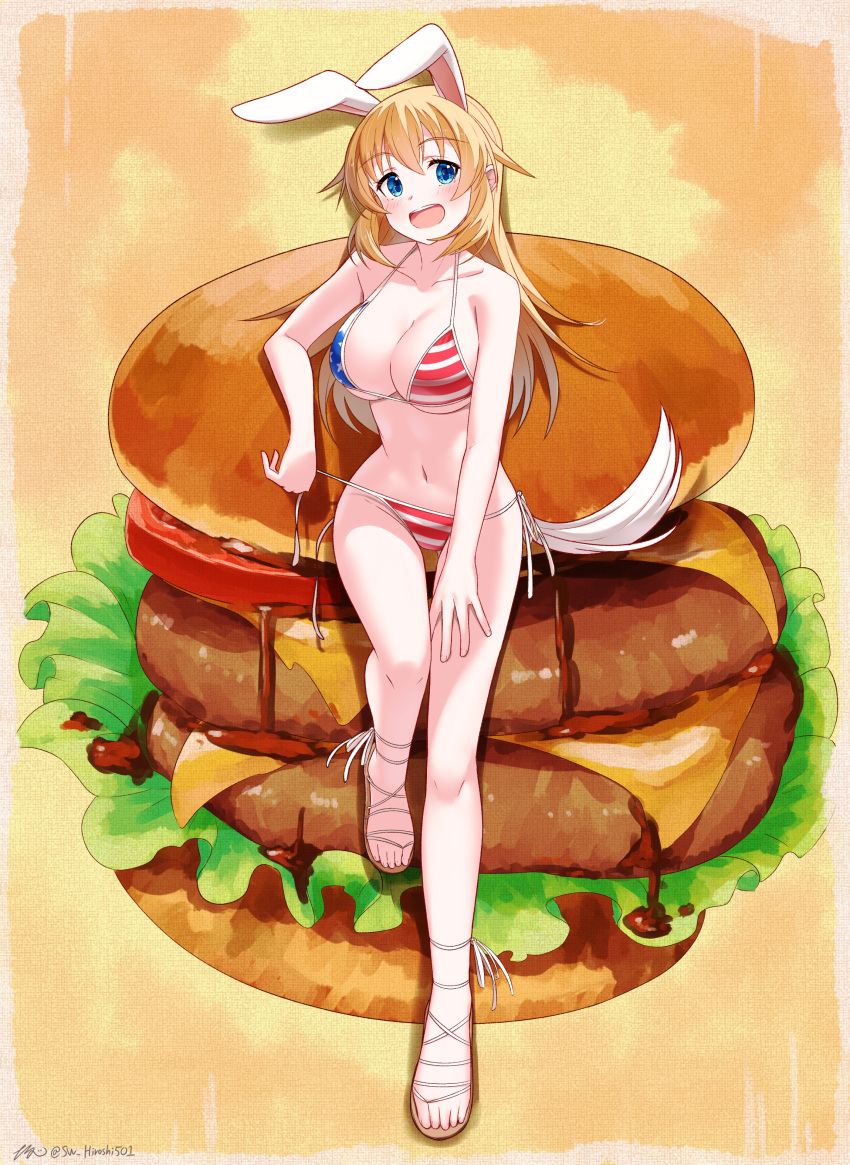 1girl :d absurdres alternate_hair_color american_flag_bikini animal_ears bikini blonde_hair blue_eyes blush border breasts burger charlotte_e._yeager cleavage collarbone feet flag_print food full_body highres hiroshi_(hunter-of-kct) large_breasts legs long_hair looking_at_viewer navel open_mouth oversized_food oversized_object rabbit_ears rabbit_girl sandals side-tie_bikini_bottom signature smile solo strike_witches swimsuit tail thigh_gap toenails toes twitter_username underboob untied_bikini white_background world_witches_series yellow_background