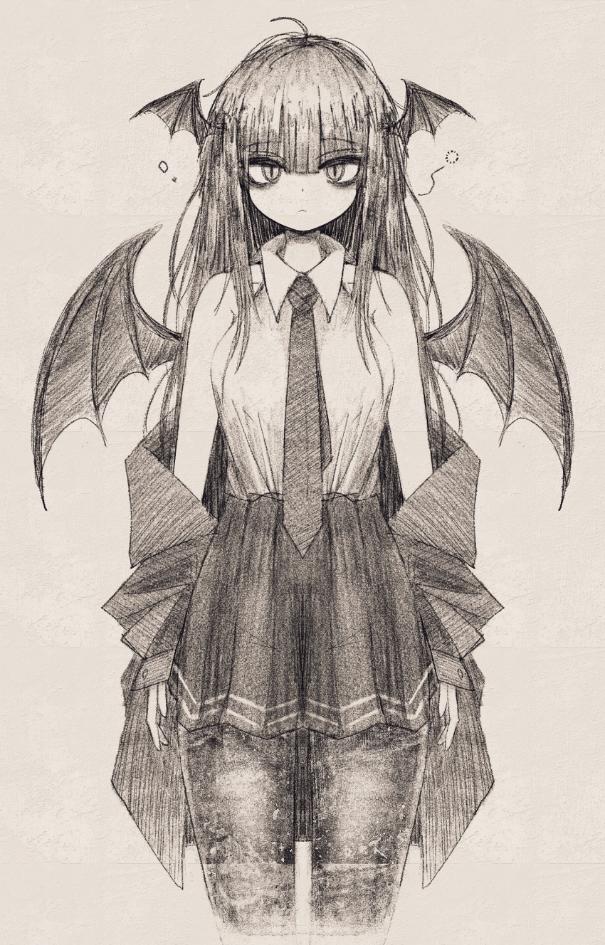 1girl absurdres ahoge bat_wings blunt_bangs closed_mouth commentary_request cowboy_shot cropped_legs expressionless greyscale hair_between_eyes head_wings highres koakuma long_hair looking_at_viewer monochrome necktie off_shoulder reverinth sketch sleep_bubble solo touhou traditional_media very_long_hair wing_collar wings