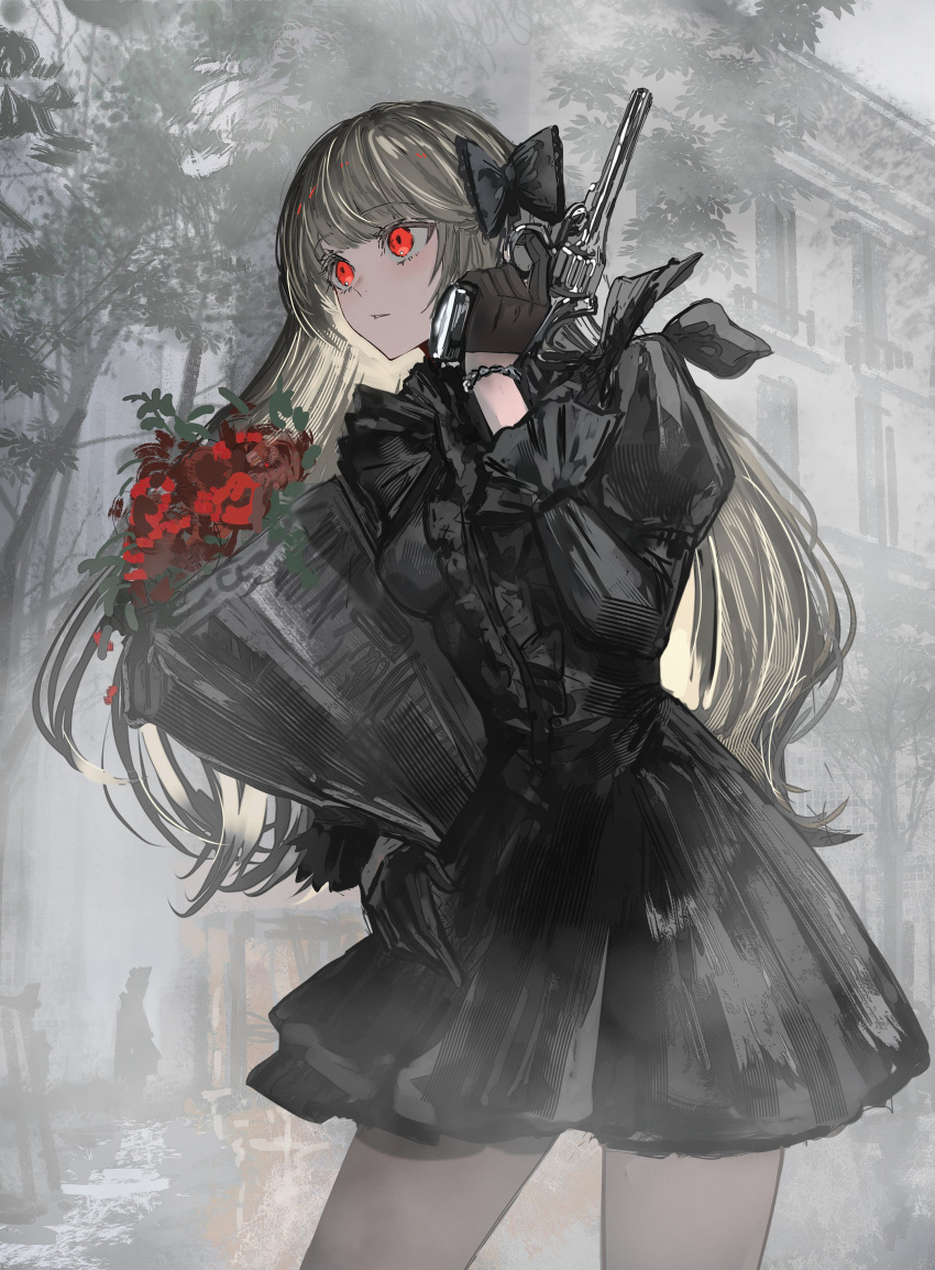 1girl absurdres black_bow black_bowtie black_dress black_gloves bouquet bow bowtie bracelet brown_hair commentary_request contrapposto cowboy_shot dress expressionless fog gawako gloves gun hair_bow handgun highres holding holding_bouquet holding_gun holding_weapon jewelry long_hair original red_eyes revolver solo very_long_hair weapon