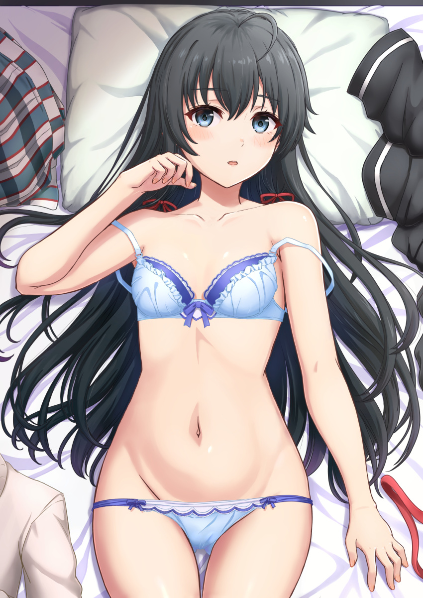 1girl black_hair black_jacket blazer blue_bra blue_eyes blue_panties blush bra breasts collarbone collared_shirt commentary_request hair_ribbon highres inanaki_shiki jacket jacket_removed long_hair looking_at_viewer lying navel on_back on_bed panties parted_lips pillow plaid plaid_skirt pleated_skirt red_ribbon ribbon ribbon_removed school_uniform shirt shirt_removed sidelocks skirt skirt_removed small_breasts sobu_high_school_uniform solo underwear white_shirt yahari_ore_no_seishun_lovecome_wa_machigatteiru. yukinoshita_yukino