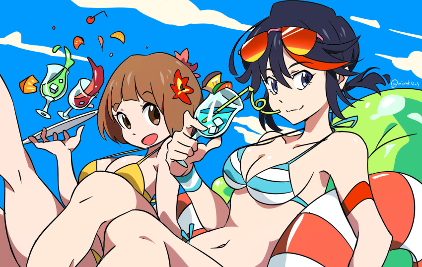 2girls bikini black_hair blue_background blue_bikini blue_eyes breasts brown_hair cherry closed_mouth cocktail collarbone drinking_straw eyewear_on_head flower food fruit hair_between_eyes hair_flower hair_ornament holding holding_plate ice ice_cube innertube kill_la_kill leg_up looking_at_viewer mankanshoku_mako matoi_ryuuko medium_breasts multicolored_hair multiple_girls navel nirak open_mouth plate reclining red_hair shiny_skin short_hair sky smile strap_gap streaked_hair striped striped_bikini sunglasses swimsuit twitter_username two-tone_hair yellow_bikini