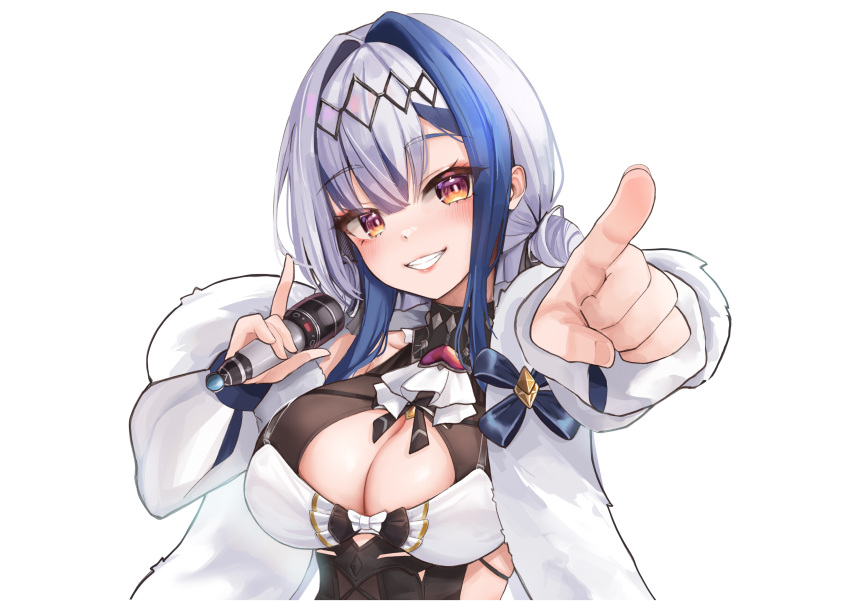 1girl absurdres animal_ears blue_hair breasts cleavage cleavage_cutout clothing_cutout coat diadem fluffyebi01 fur_coat grey_hair grin high_collar highres holding holding_microphone large_breasts looking_at_viewer microphone multicolored_hair pointing pointing_at_viewer polygon_project rabbit_ears smile solo underbust virtual_youtuber white_coat zona_(polygon_project)