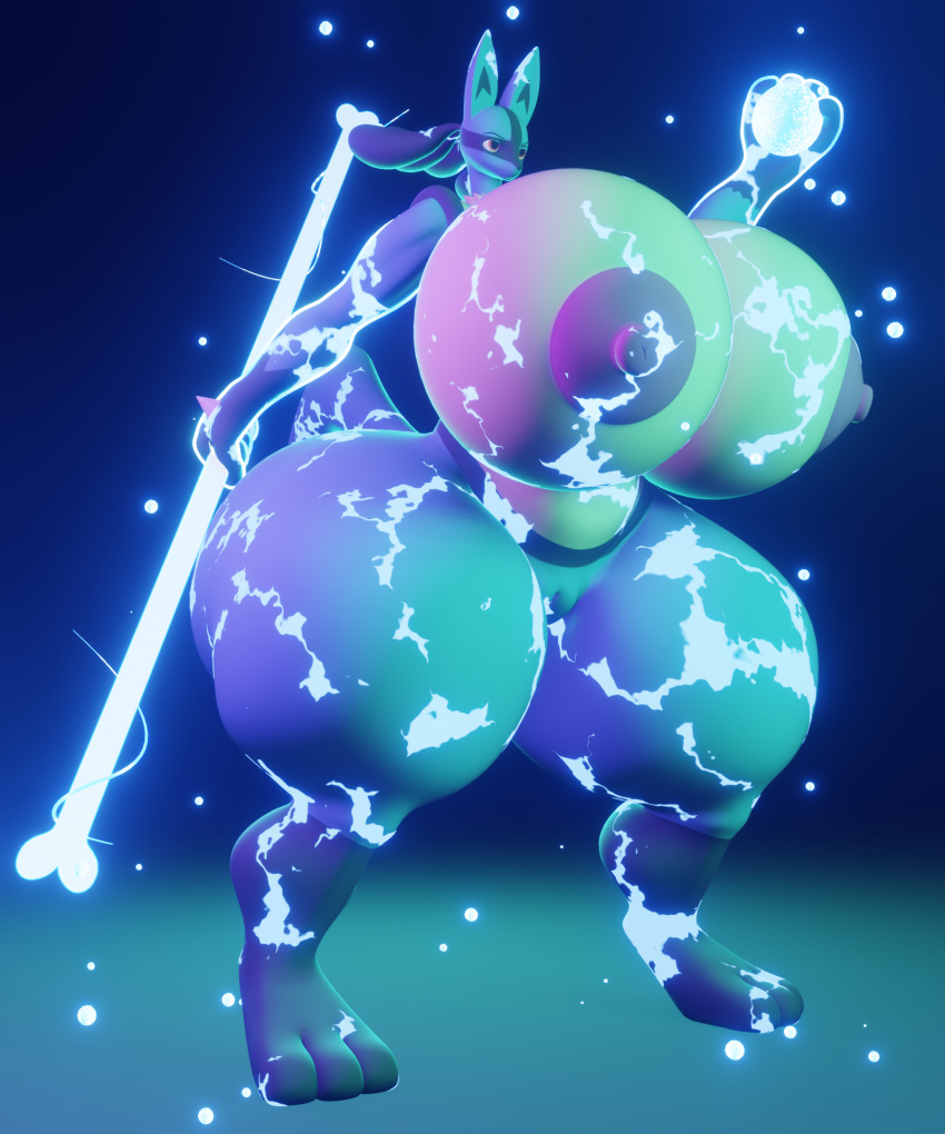 angry_eyes anthro areola aura aura_sphere big_breasts big_butt blender_(software) blue_body bone_rush breasts butt darkdraketom female generation_4_pokemon genitals hi_res holding_object holding_weapon lucario nintendo particles plump_labia pokemon pokemon_(species) pussy red_eyes solo thick_thighs weapon