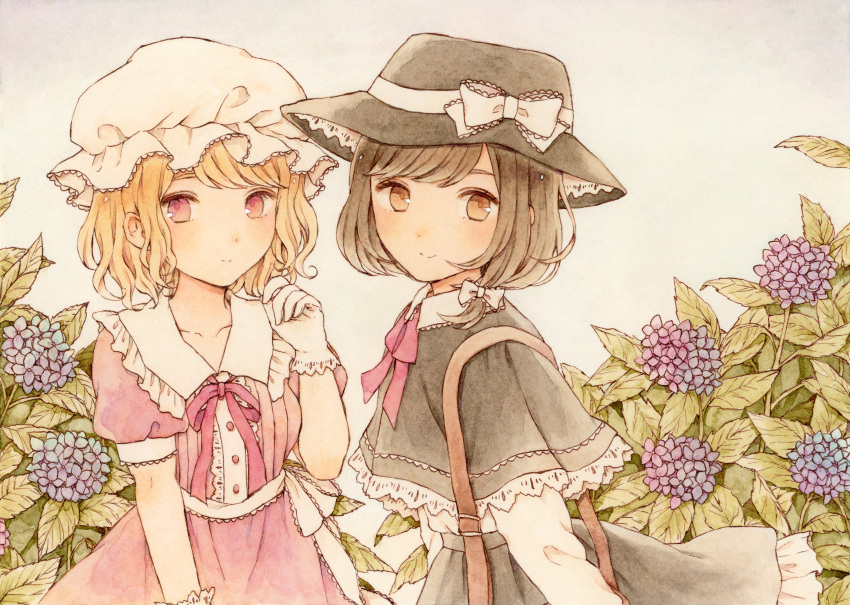 2girls absurdres black_capelet black_headwear blonde_hair bow braid brown_eyes brown_hair capelet closed_mouth dress fedora flower hat hat_bow highres hoshimiya_ringo hydrangea looking_at_viewer maribel_hearn mob_cap multiple_girls outdoors pink_eyes plant purple_dress second-party_source short_hair short_sleeves side_braid single_braid smile touhou traditional_media usami_renko white_background white_bow white_headwear