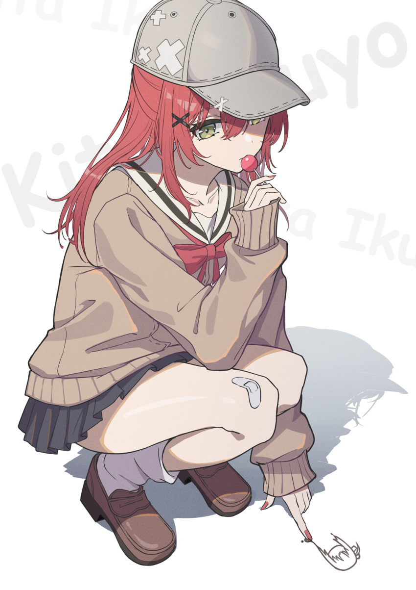 1girl bandaid bandaid_on_knee bandaid_on_leg baseball_cap black_skirt blush bocchi_the_rock! brown_cardigan brown_footwear candy cardigan character_name closed_mouth drawing food gotou_hitori green_eyes hair_between_eyes hair_ornament hat highres holding holding_candy holding_food holding_lollipop kita_ikuyo loafers lollipop long_hair long_sleeves looking_at_viewer loose_socks natsugou_shinogi pleated_skirt red_hair sailor_collar school_uniform shoes shuka_high_school_uniform skirt sleeves_past_wrists socks solo squatting white_socks x_hair_ornament