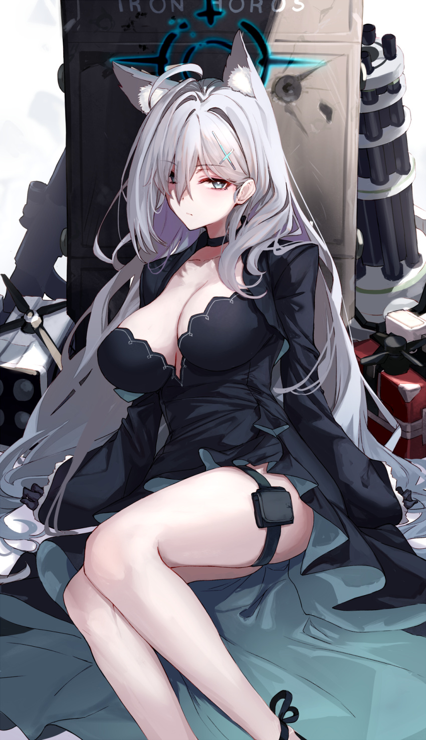 1girl animal_ears black_choker black_gloves blue_archive breasts choker cleavage closed_mouth commentary_request feet_out_of_frame gloves grey_eyes grey_hair hair_ornament halo highres large_breasts long_hair long_sleeves looking_at_viewer ninoude_(ninoude44) shiroko_(blue_archive) shiroko_(terror)_(blue_archive) sitting solo thigh_strap thighs