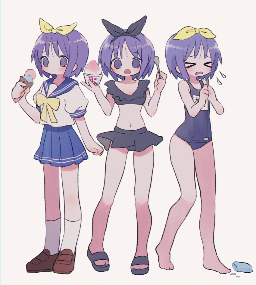 &gt;_&lt; 1girl barefoot bikini bikini_skirt black_bikini black_footwear black_ribbon blue_one-piece_swimsuit blue_sailor_collar blue_skirt blush bow bowtie brown_footwear commentary dot_mouth expressionless flat_chest flying_sweatdrops food frilled_bikini frills full_body hair_ribbon hands_up highres hiiragi_tsukasa holding holding_ice_cream_cone holding_spoon legs looking_at_viewer lucky_star multiple_views name_tag navel one-piece_swimsuit open_mouth pleated_skirt popsicle_stick purple_eyes purple_hair ri_(qrcode) ribbon sailor_collar sandals school_swimsuit school_swimsuit_flap school_uniform serafuku shaved_ice shirt short_hair short_sleeves sidelocks skirt smile socks spoon standing stomach swimsuit symbol-only_commentary thighs wavy_mouth white_background white_shirt white_socks yellow_bow yellow_bowtie yellow_ribbon