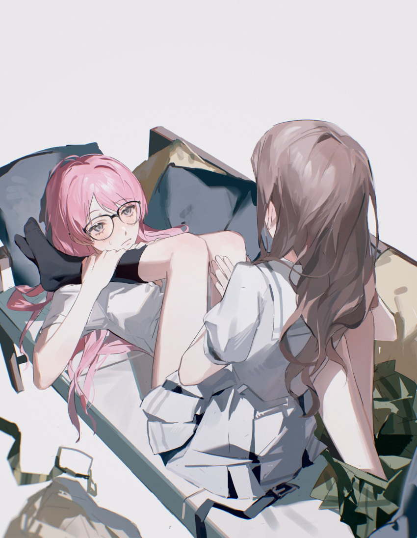 2girls bang_dream! bang_dream!_it's_mygo!!!!! black-framed_eyewear black_socks blue_eyes blush brown_hair chihaya_anon closed_mouth clothes_pull couch facing_away from_above glasses green_necktie green_skirt grey_background grey_jacket grey_skirt hair_spread_out hand_on_own_thigh hands_on_another's_leg hands_up haneoka_school_uniform highres jacket jacket_removed jitome kneehighs knees_up leg_lock long_hair looking_at_another lying miniskirt multiple_girls nagasaki_soyo necktie necktie_removed no_shoes on_back on_couch partially_unbuttoned pillow pink_hair pleated_skirt qing_yan_xia sailor_collar school_uniform serafuku shirt short_sleeves simple_background sitting skirt skirt_pull socks sweatdrop tsukinomori_school_uniform wavy_hair white_sailor_collar white_shirt yuri