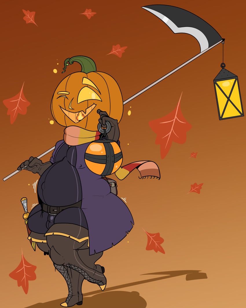 2023 absurd_res boots bulge clothed clothing colored digital_drawing_(artwork) digital_media_(artwork) dullahan fire flat_colors footwear girly greektrebuchet halloween halloween_theme hi_res high_heels holidays humanoid imp jack-o'-lantern laced_boots lamp lantern magic magic_user male melee_weapon overweight overweight_male polearm scarf scythe short_stack solo solo_focus spirit walking weapon