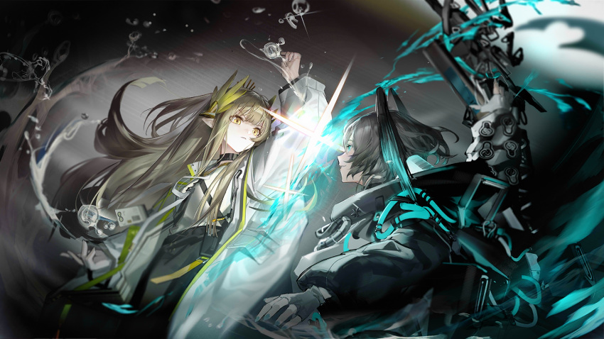 2girls aerokinesis arknights artist_request blonde_hair blue_eyes brey_hair fighting fingerless_gloves gloves grey_background hair_ornament head_wings highres ho'olheyak_(arknights) holding holding_staff hydrokinesis id_card lab_coat leaf_hair_ornament long_sleeves muelsyse_(arknights) multiple_girls nail_polish official_art puffy_sleeves serious smile staff water water_cooler water_drop wind wings yellow_eyes