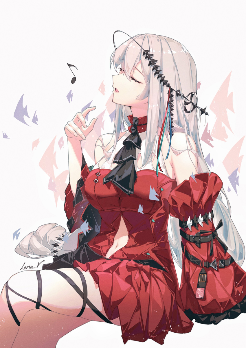 1girl arknights artist_name ascot bare_shoulders belt black_ascot black_belt black_ribbon blue_ribbon bow breasts choker closed_eyes detached_sleeves dress fingernails frilled_choker frills green_ribbon grey_hair hair_between_eyes hair_ornament hair_ribbon hand_up highres large_breasts leg_ribbon leria_v lips lipstick long_hair long_sleeves makeup musical_note navel open_mouth red_bow red_choker red_dress red_ribbon ribbon sidelocks simple_background skadi_(arknights) solo tongue white_background wide_sleeves