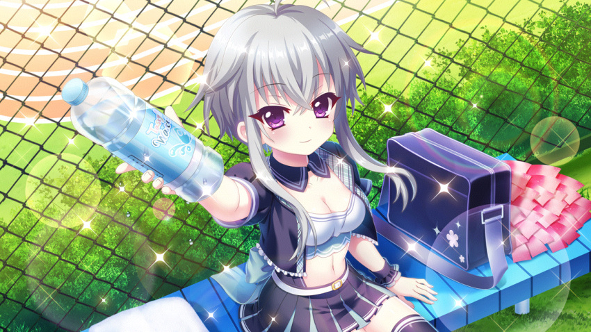 1girl ahoge bench black_collar black_skirt black_thighhighs blue_bag bottle breasts bush chain-link_fence cheerleader cleavage closed_mouth collar crop_top day detached_collar dot_nose fence film_grain from_above game_cg grass grey_hair holding holding_bottle ichijou_ruka izumi_tsubasu lens_flare looking_at_viewer medium_breasts midriff miniskirt navel non-web_source official_art on_bench outdoors pom_pom_(cheerleading) purple_eyes re:stage! running_track short_hair_with_long_locks sitting_on_bench skirt smile solo sparkle thighhighs water_bottle white_towel